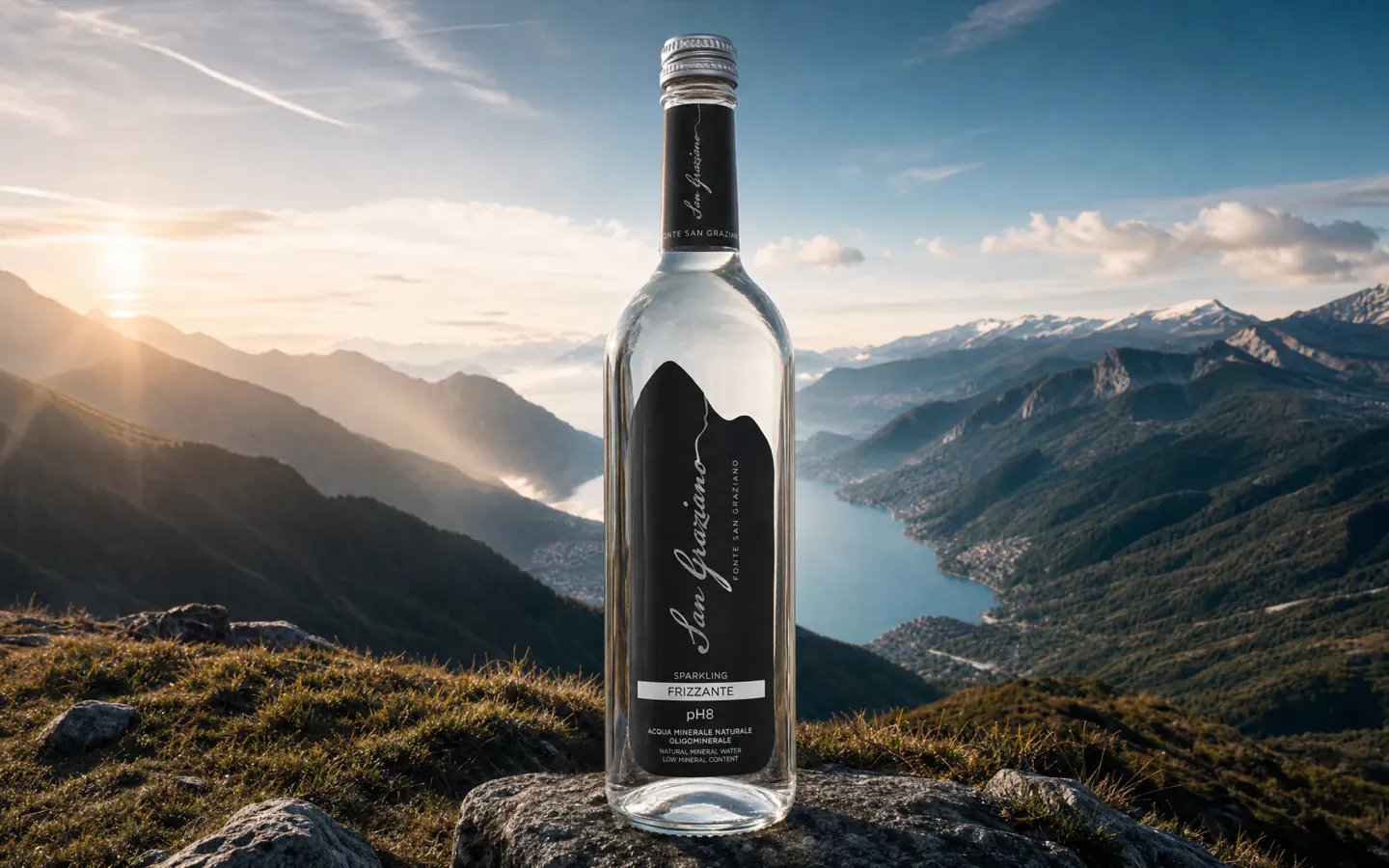 Bottiglia dell’acqua minerale naturale San Graziano, oligominerale iposodica e naturalmente alcalina, nata sopra il Lago di Como