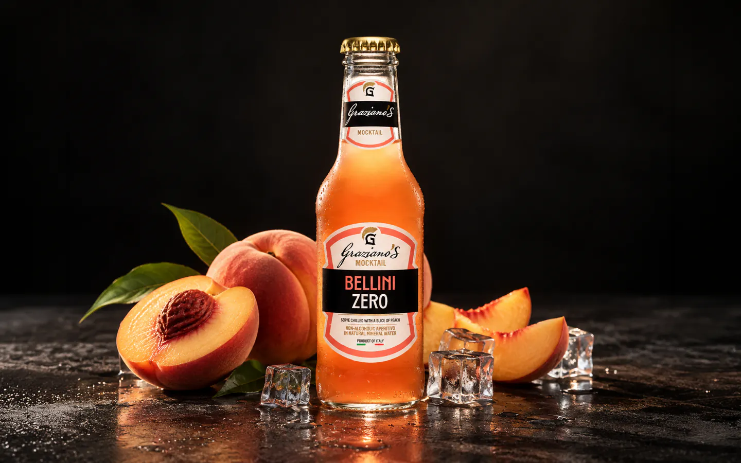 Bottiglia Graziano’s Bellini Zero, il cocktail analcolico alla pesca pronto da servire