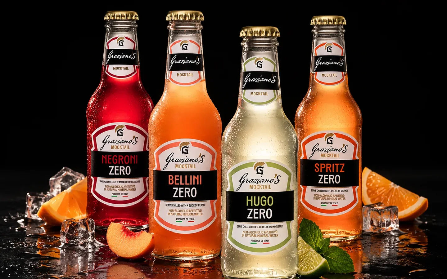 Le quattro referenze mocktail Graziano’s: Negroni Zero, Spritz Zero, Hugo Zero e Bellini Zero, cocktail analcolici pronti da servire
