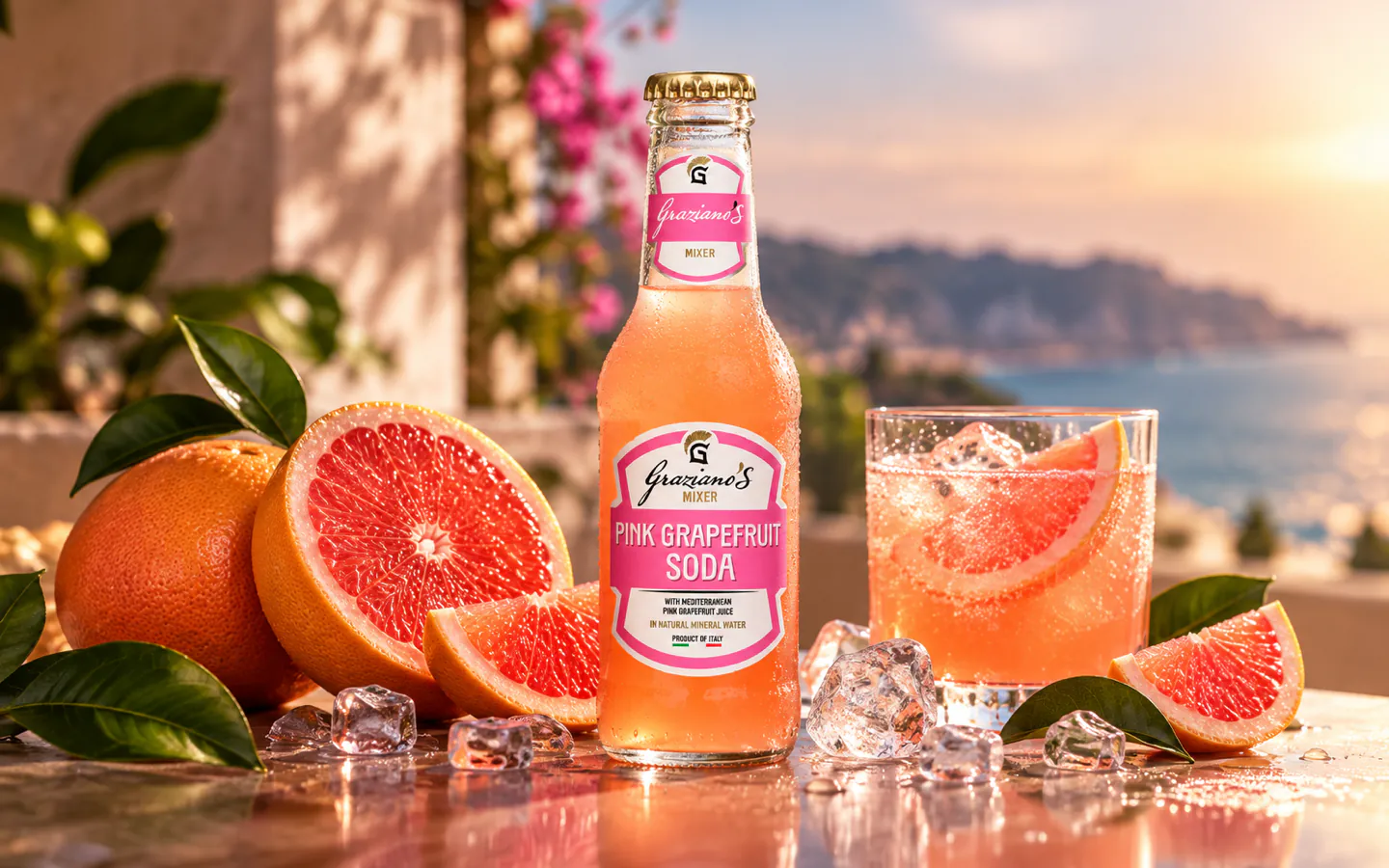 Bottiglia Graziano’s Pink Grapefruit Soda con un pompelmo rosa tagliato a metà: la soda al pompelmo rosa per la Paloma analcolica