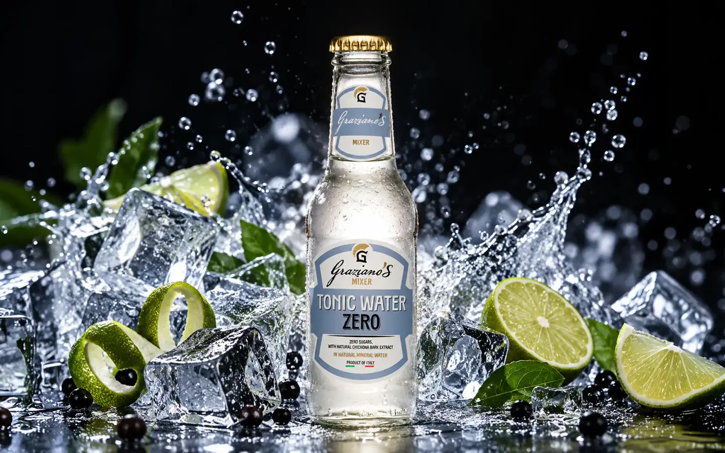 Bottiglia Graziano’s Tonic Water Zero, la tonica premium senza zucchero in acqua minerale San Graziano